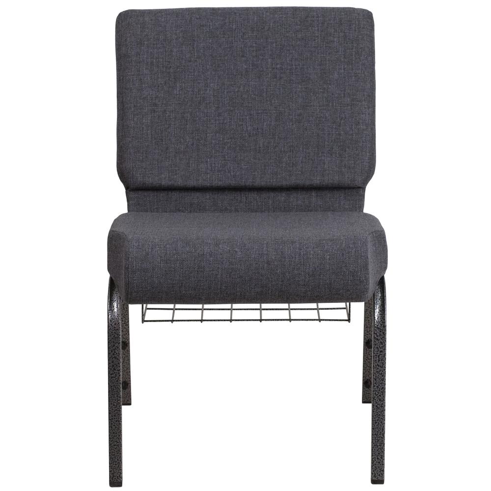 21''W Church Chair in Dark Gray Fabric with Book Rack - Silver Vein Frame. Picture 5