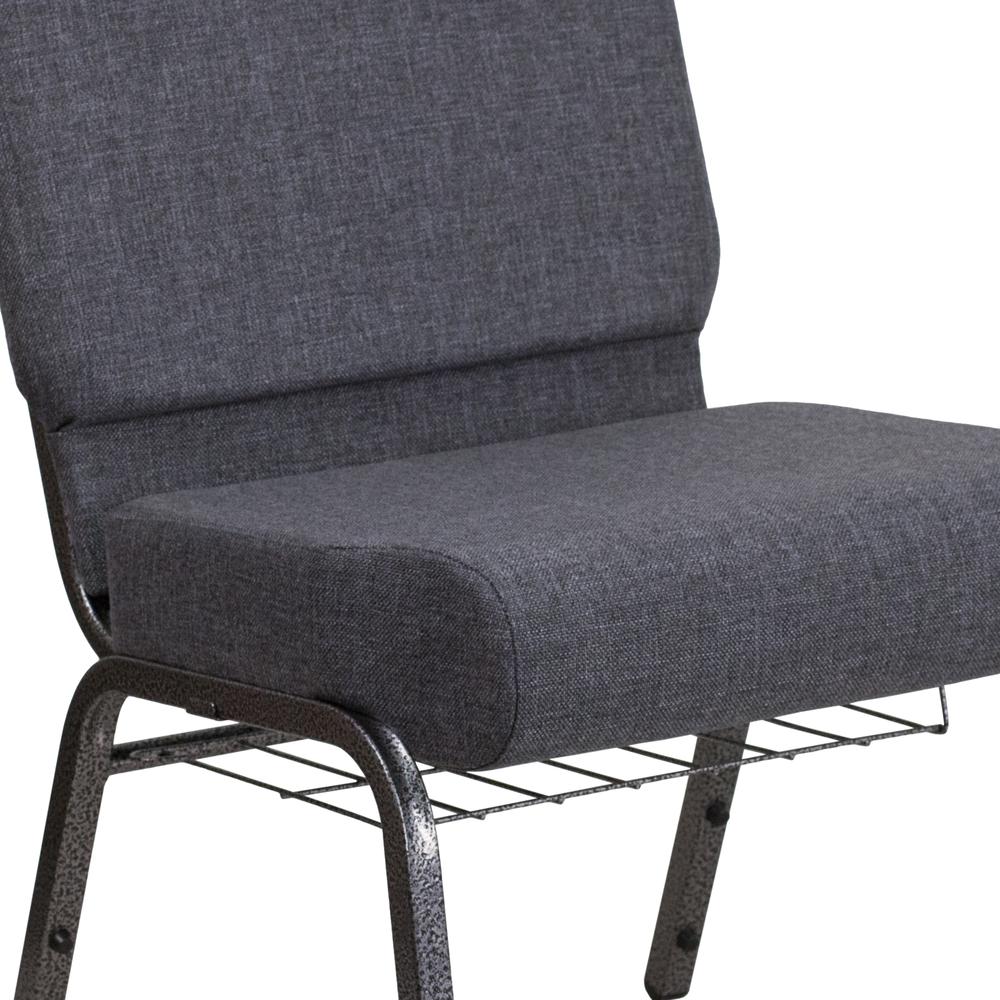21''W Church Chair in Dark Gray Fabric with Book Rack - Silver Vein Frame. Picture 7
