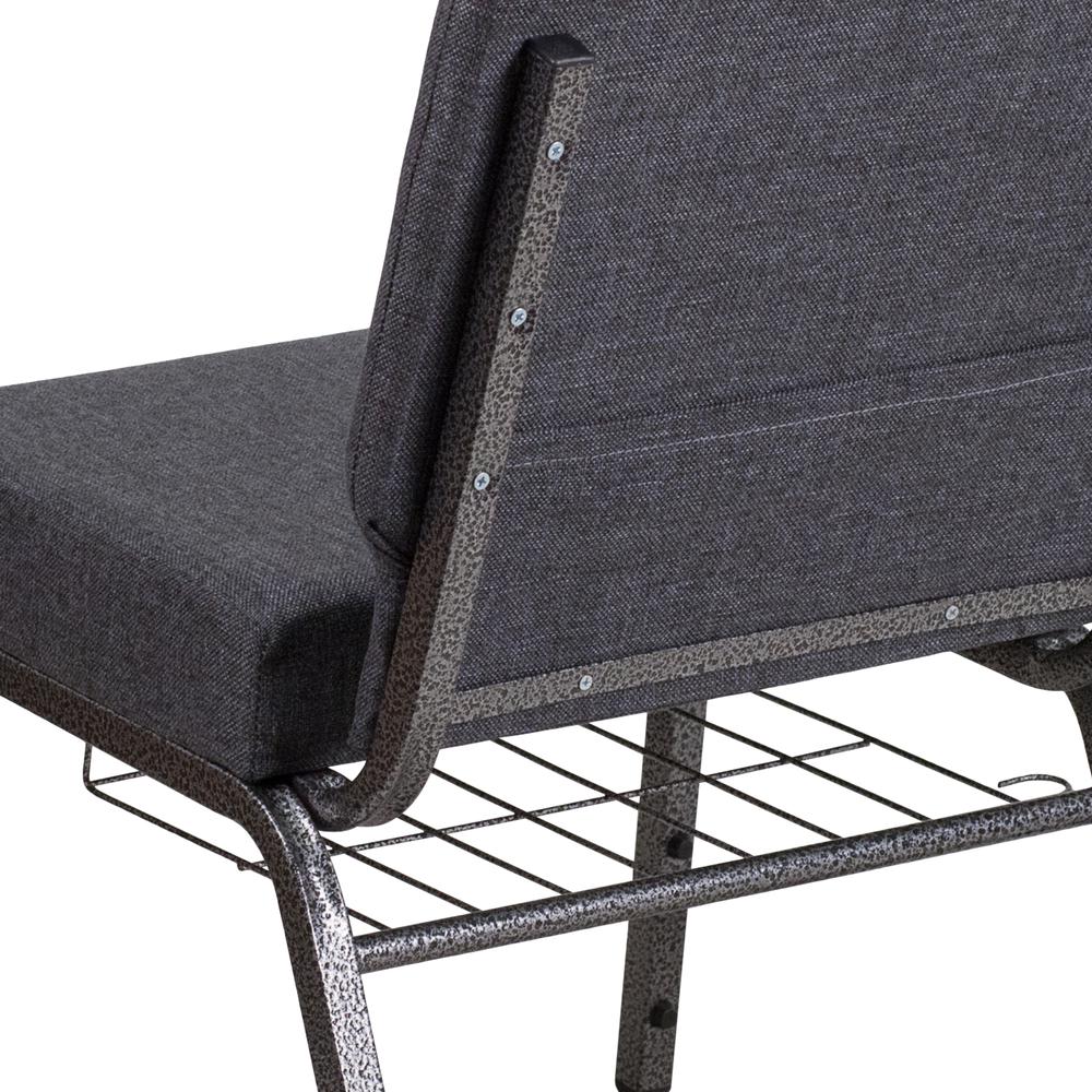 21''W Church Chair in Dark Gray Fabric with Book Rack - Silver Vein Frame. Picture 8