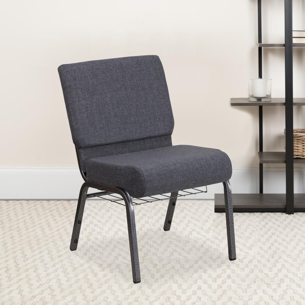 21''W Church Chair in Dark Gray Fabric with Book Rack - Silver Vein Frame. Picture 9