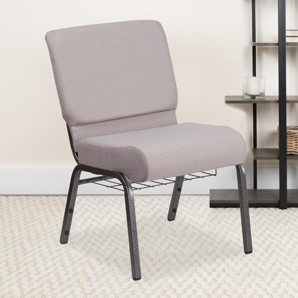 21''W Church Chair in Gray Dot Fabric with Book Rack - Silver Vein Frame. Picture 6