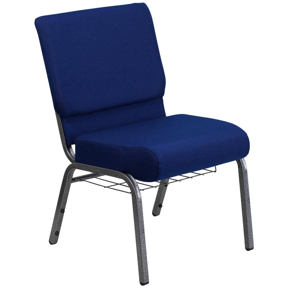 21''W Church Chair in Navy Blue Fabric with Cup Book Rack - Silver Vein Frame. Picture 1