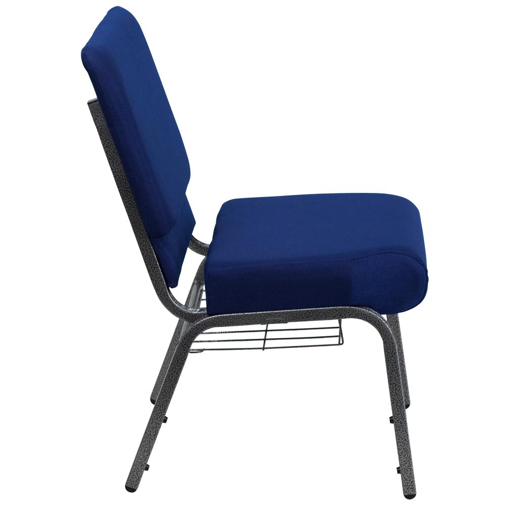 21''W Church Chair in Navy Blue Fabric with Cup Book Rack - Silver Vein Frame. Picture 2