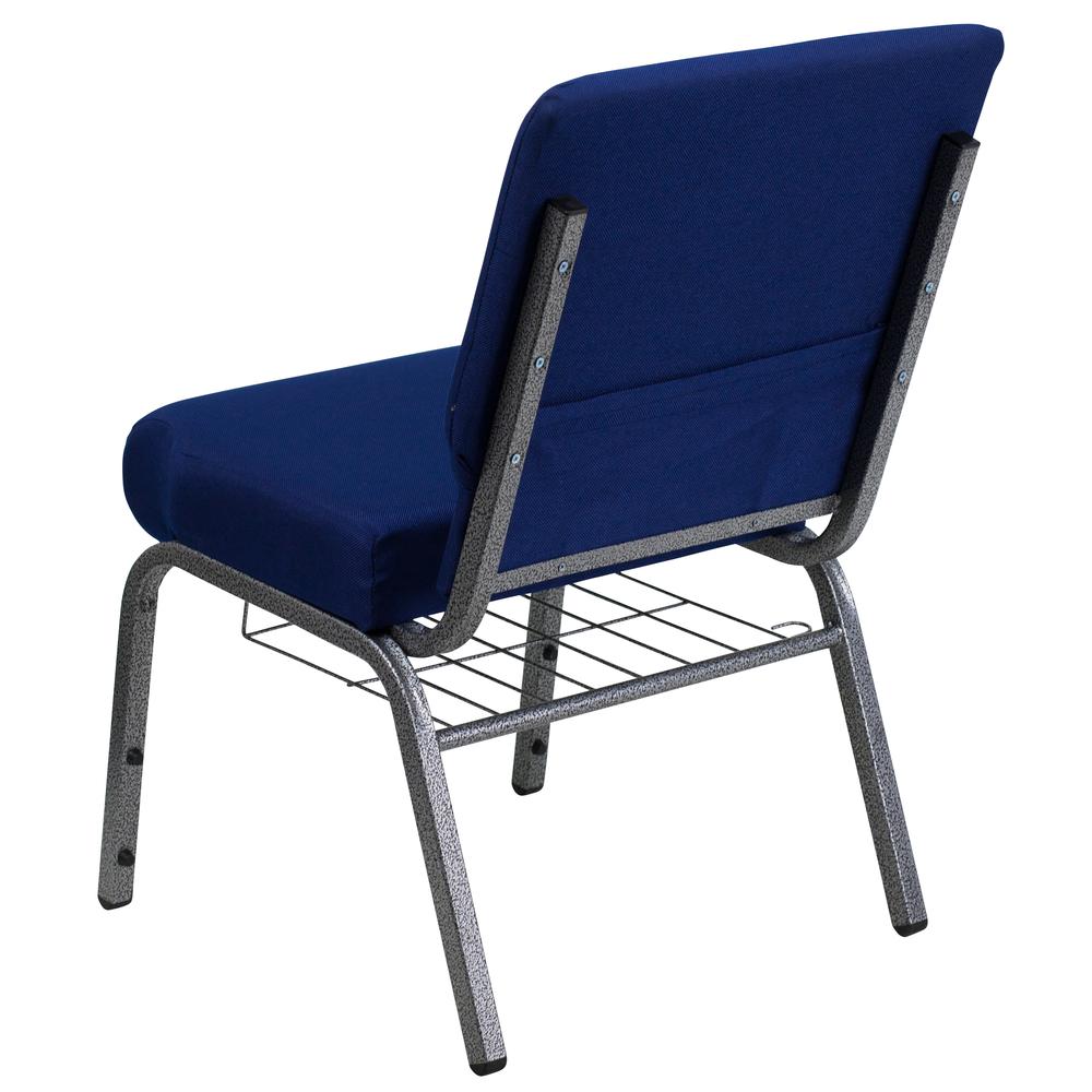 21''W Church Chair in Navy Blue Fabric with Cup Book Rack - Silver Vein Frame. Picture 3
