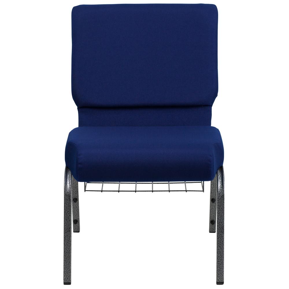 21''W Church Chair in Navy Blue Fabric with Cup Book Rack - Silver Vein Frame. Picture 4