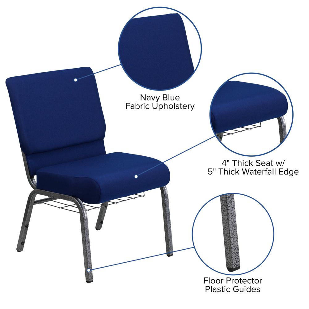 21''W Church Chair in Navy Blue Fabric with Cup Book Rack - Silver Vein Frame. Picture 6