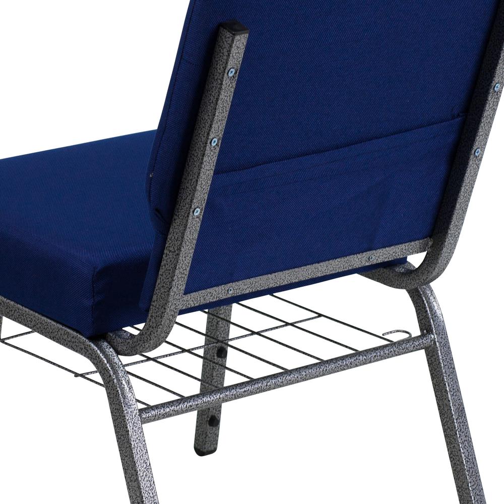 21''W Church Chair in Navy Blue Fabric with Cup Book Rack - Silver Vein Frame. Picture 8