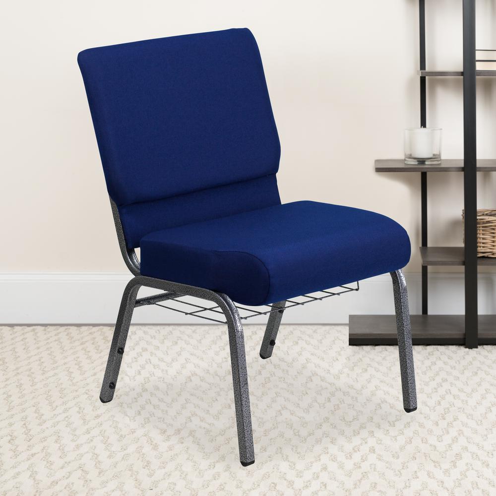 21''W Church Chair in Navy Blue Fabric with Cup Book Rack - Silver Vein Frame. Picture 9
