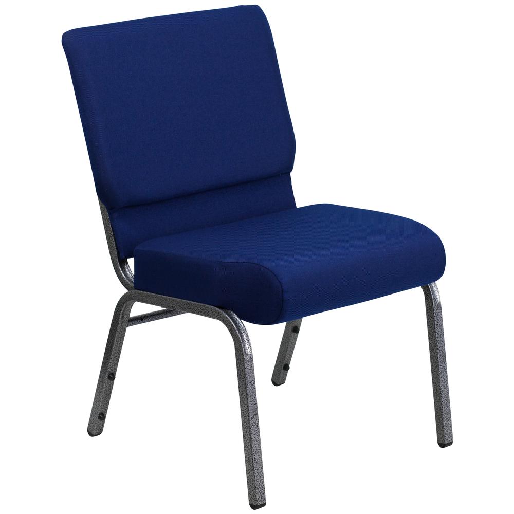 21''W Stacking Church Chair in Navy Blue Fabric - Silver Vein Frame. Picture 1