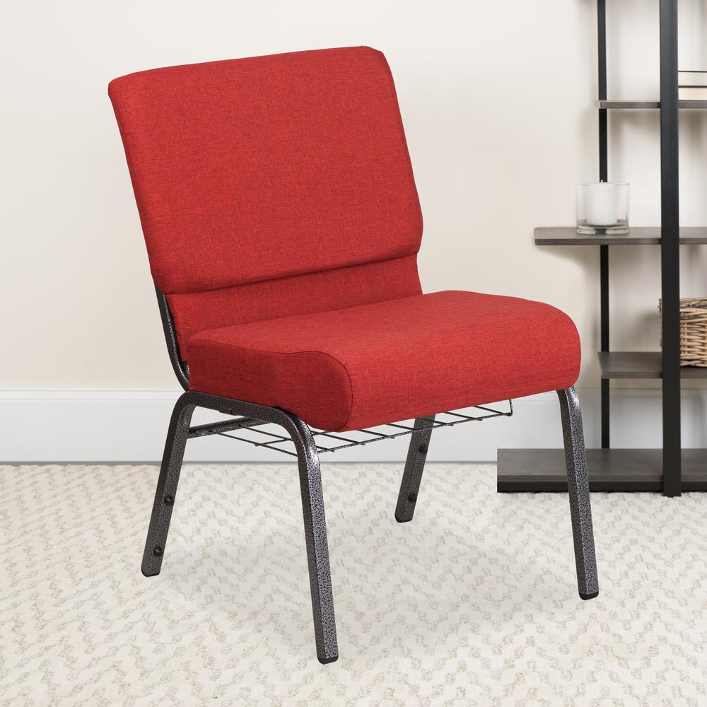 21''W Church Chair in Crimson Fabric with Cup Book Rack - Silver Vein Frame. Picture 5