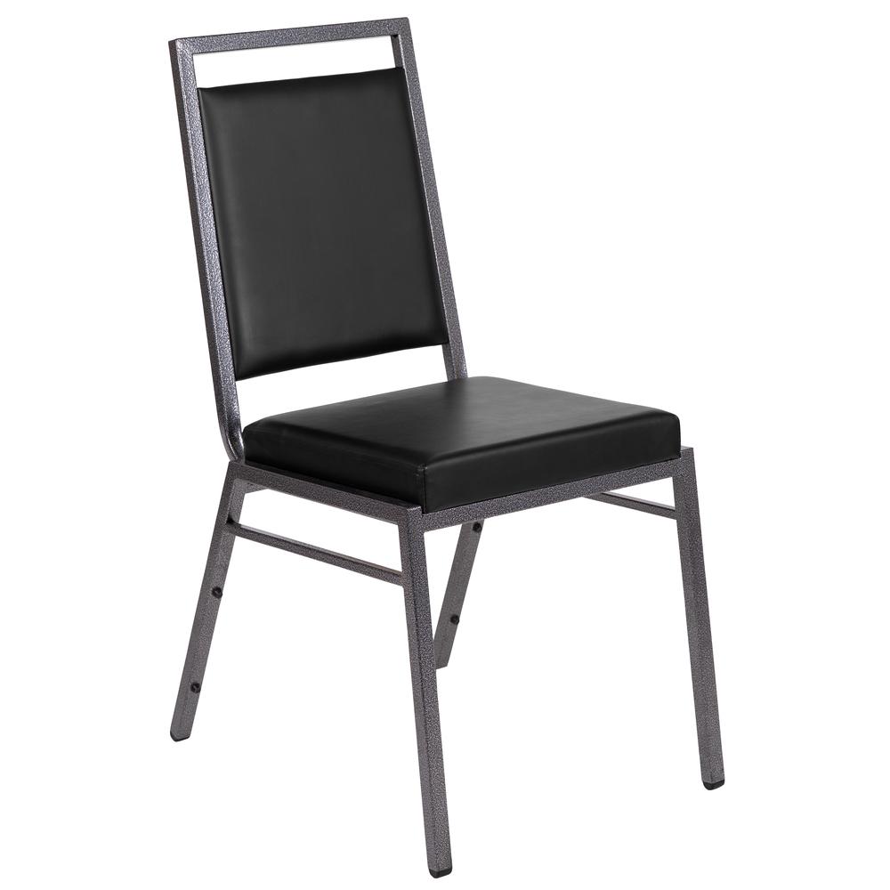 Square Back Stacking Banquet Chair in Black Vinyl with Silvervein Frame. The main picture.