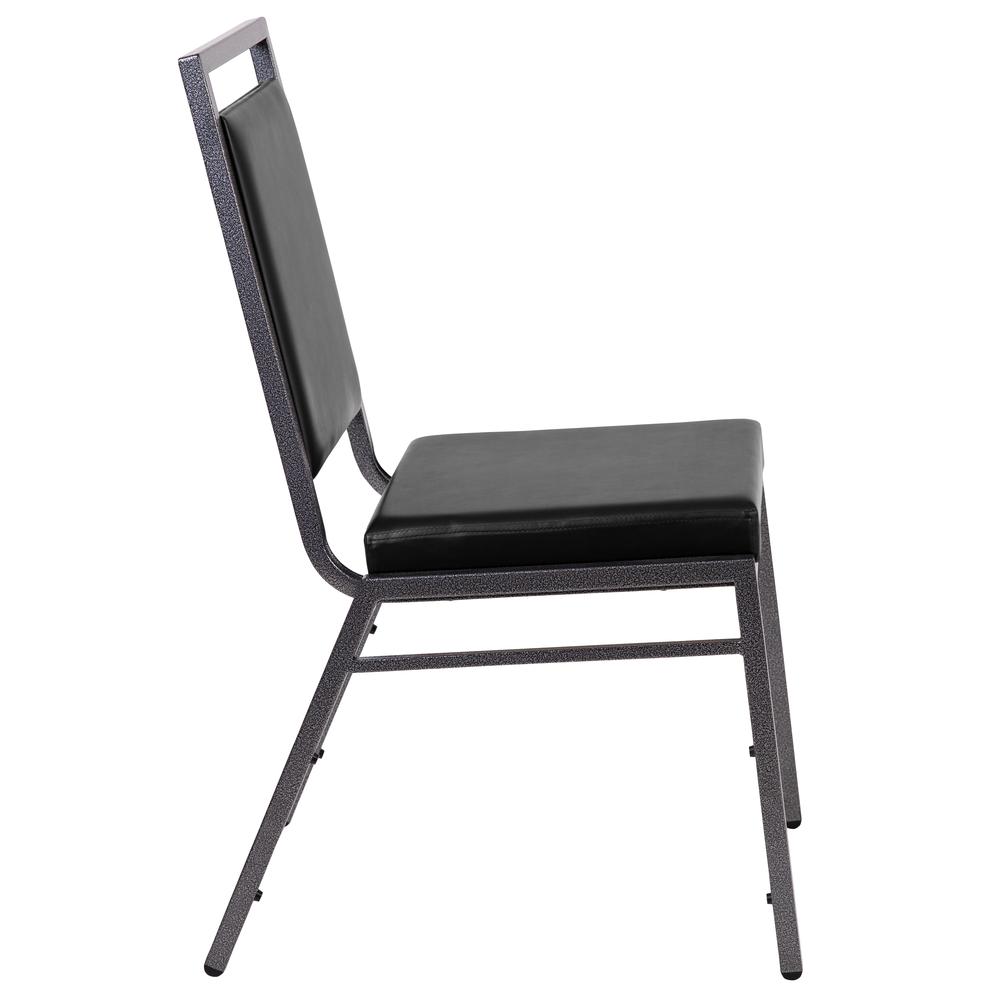 Square Back Stacking Banquet Chair in Black Vinyl with Silvervein Frame. Picture 3
