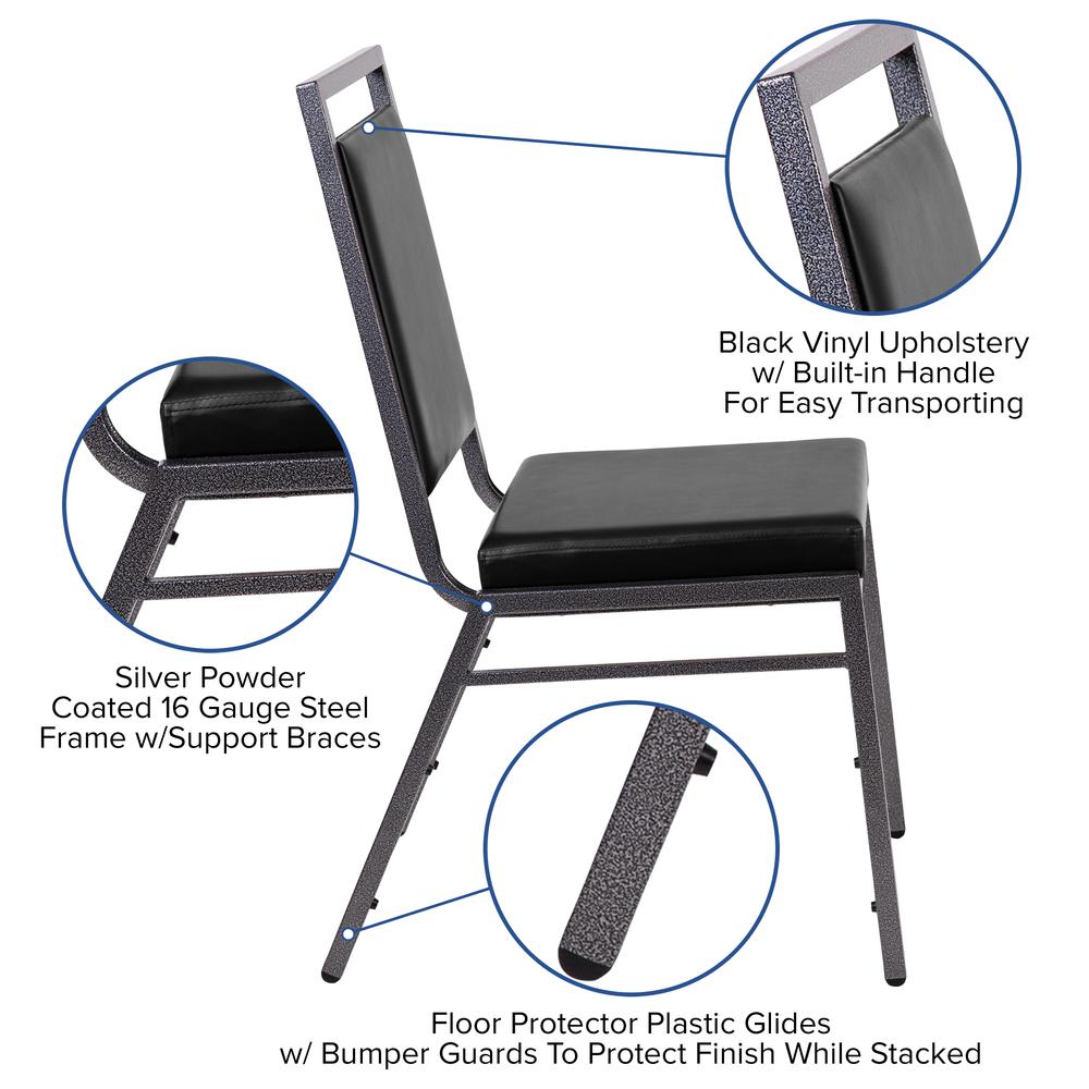 Square Back Stacking Banquet Chair in Black Vinyl with Silvervein Frame. Picture 6