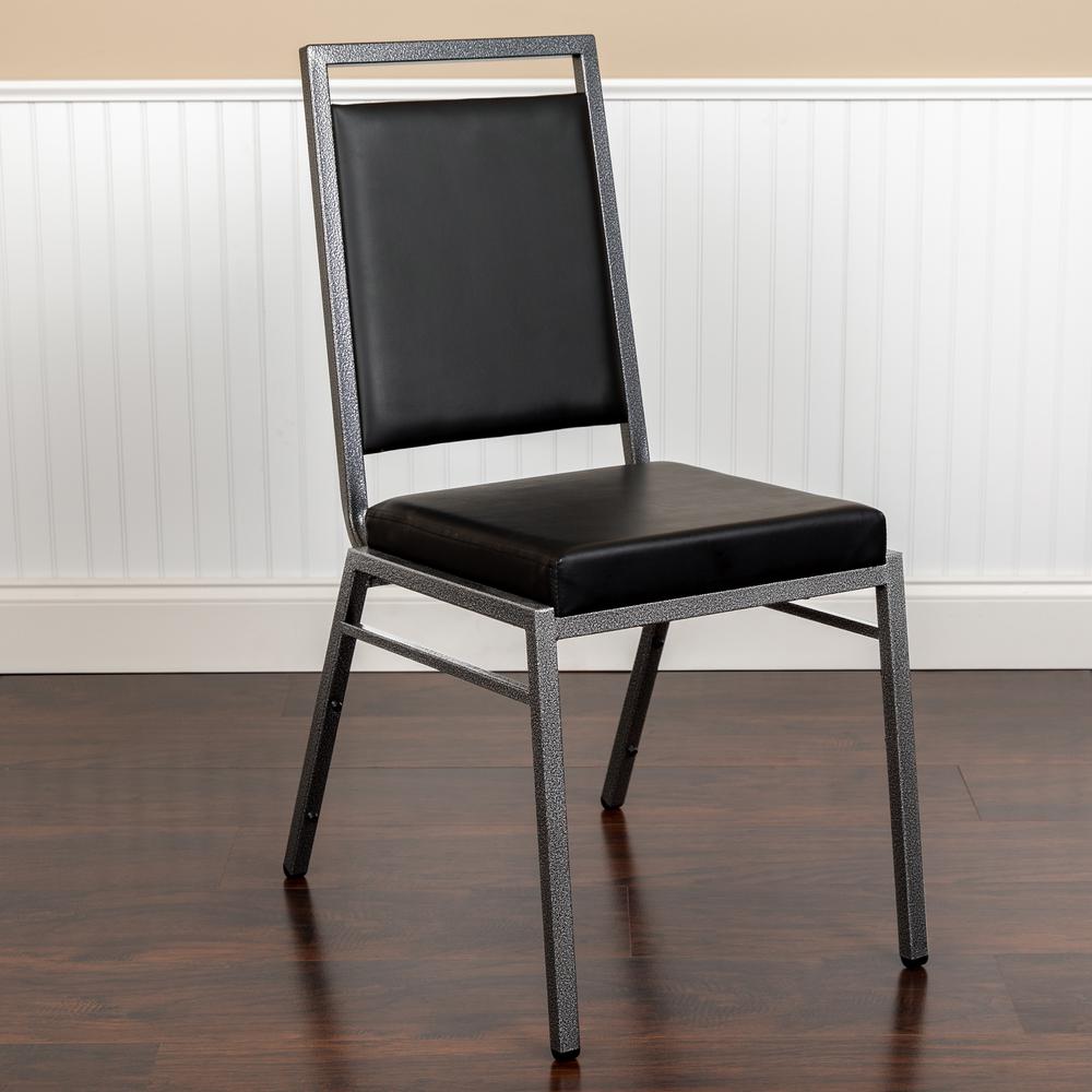 Square Back Stacking Banquet Chair in Black Vinyl with Silvervein Frame. Picture 11