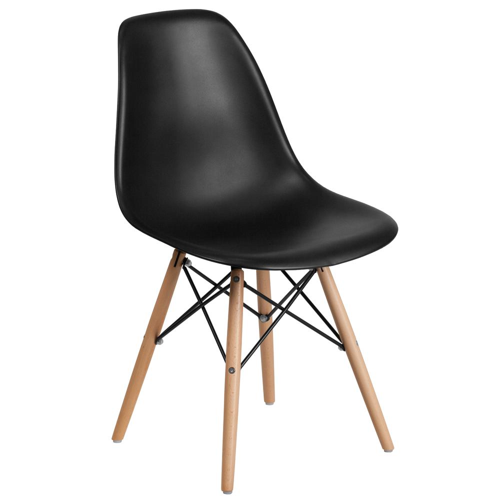 Black Plastic Chair with Wooden Legs. Picture 1