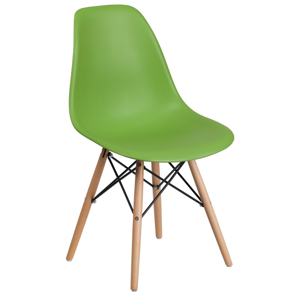 Green Plastic Chair with Wooden Legs. Picture 1