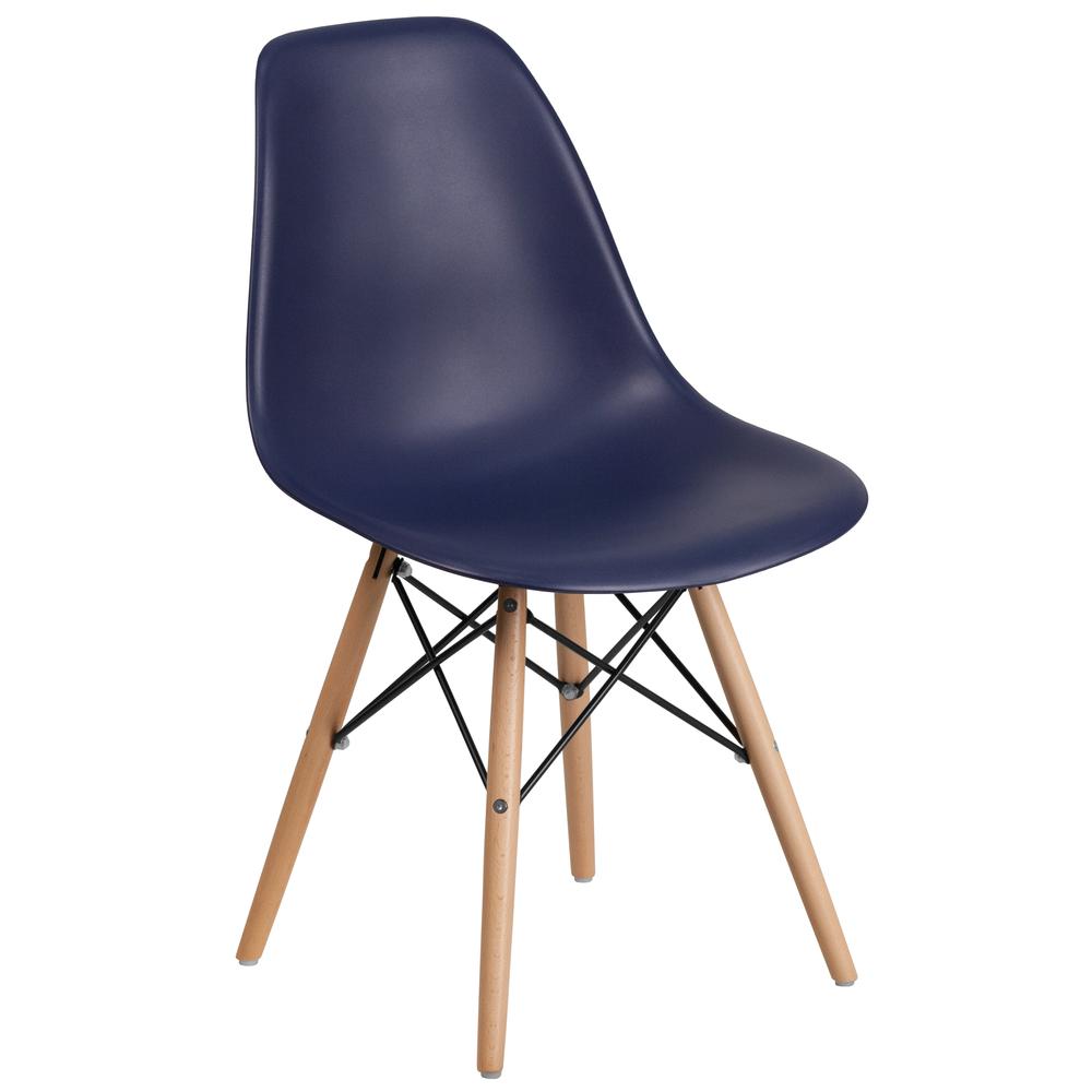 Navy Plastic Chair with Wooden Legs. Picture 1