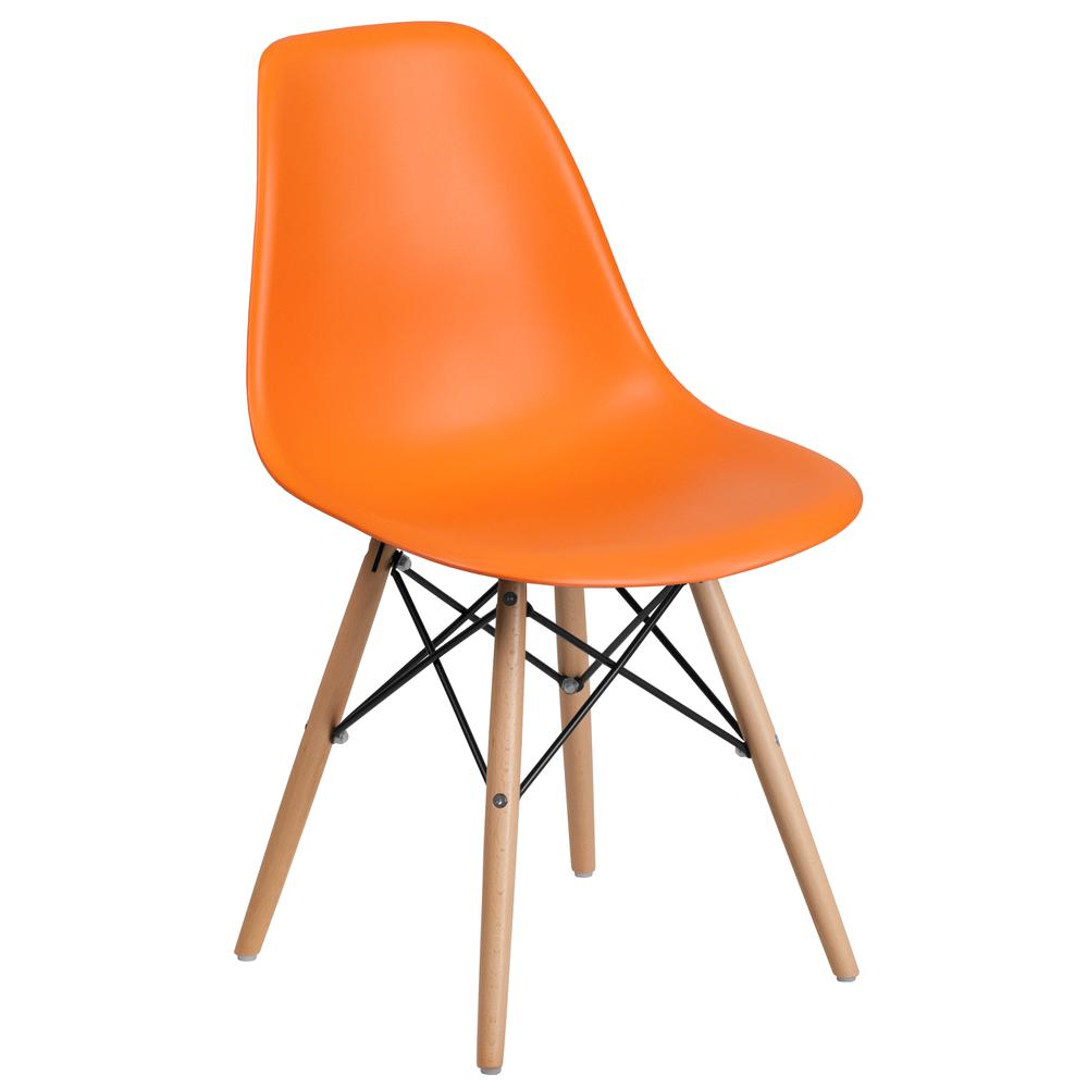 Orange Plastic Chair with Wooden Legs. Picture 1