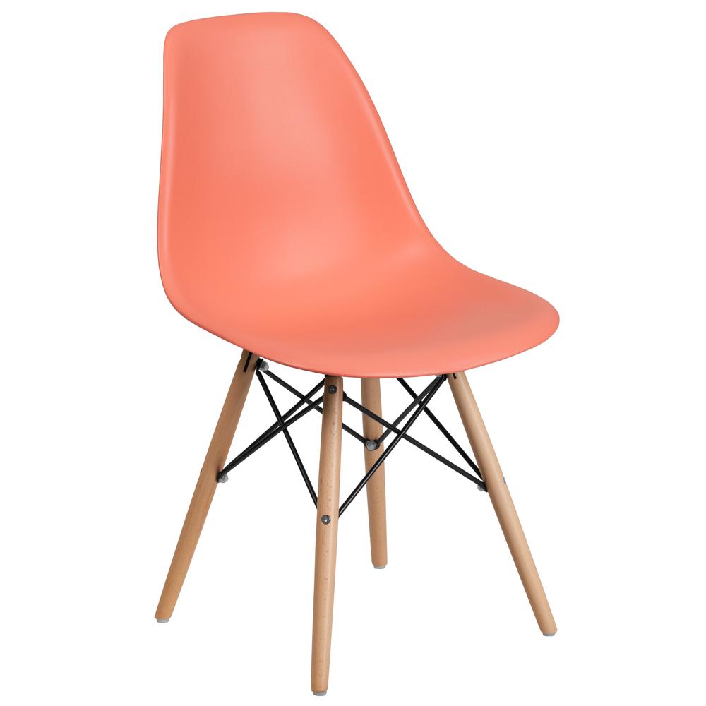 Peach Plastic Chair with Wooden Legs. Picture 1