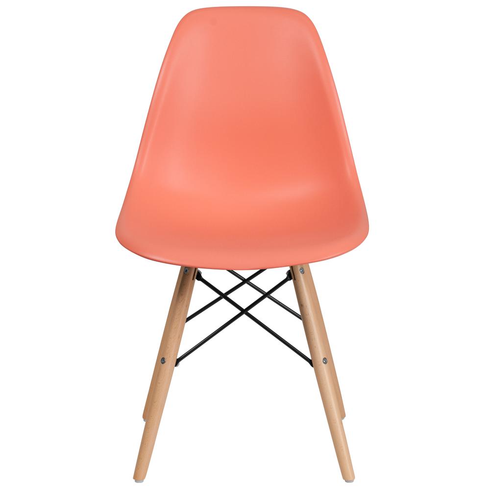 Peach Plastic Chair with Wooden Legs. Picture 4