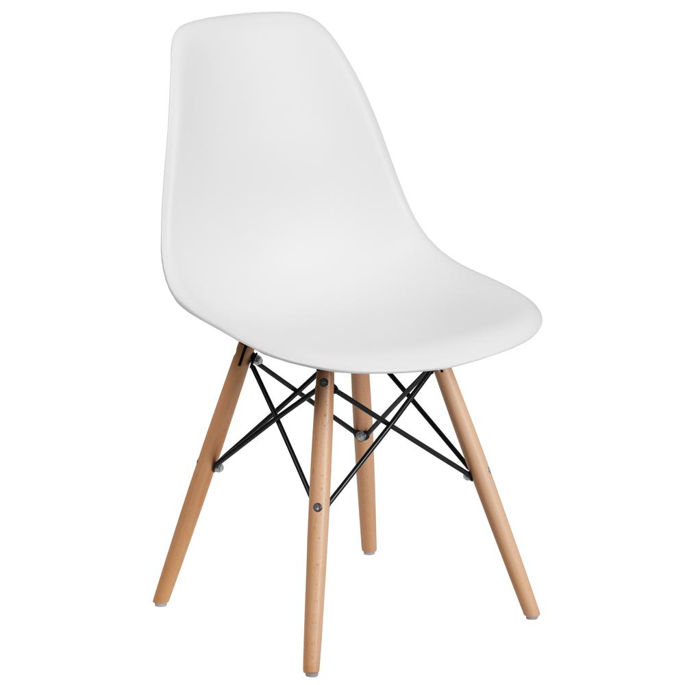 White Plastic Chair with Wooden Legs. The main picture.