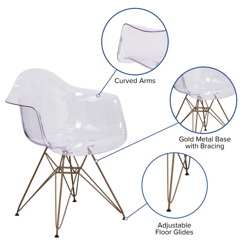 Transparent Side Chair with Arms and Gold Base. Picture 6