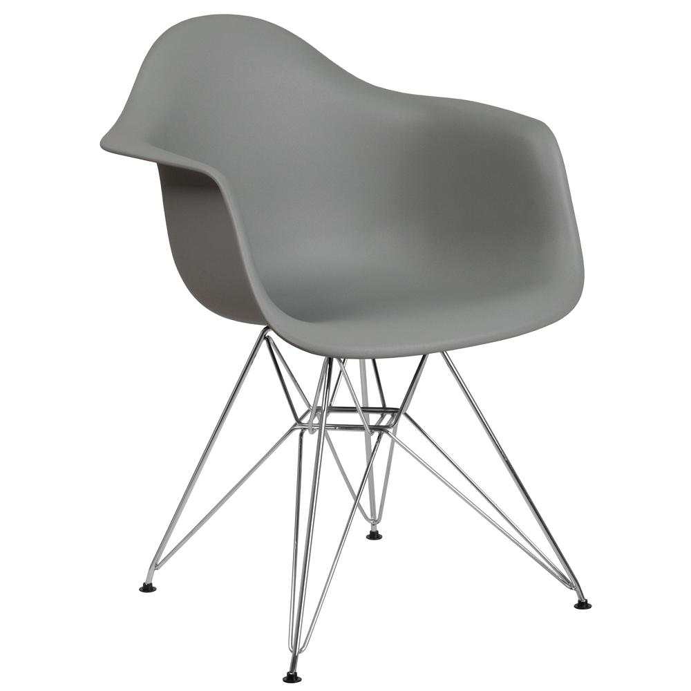 Moss Gray Plastic Chair with Arms and Chrome Base. Picture 1