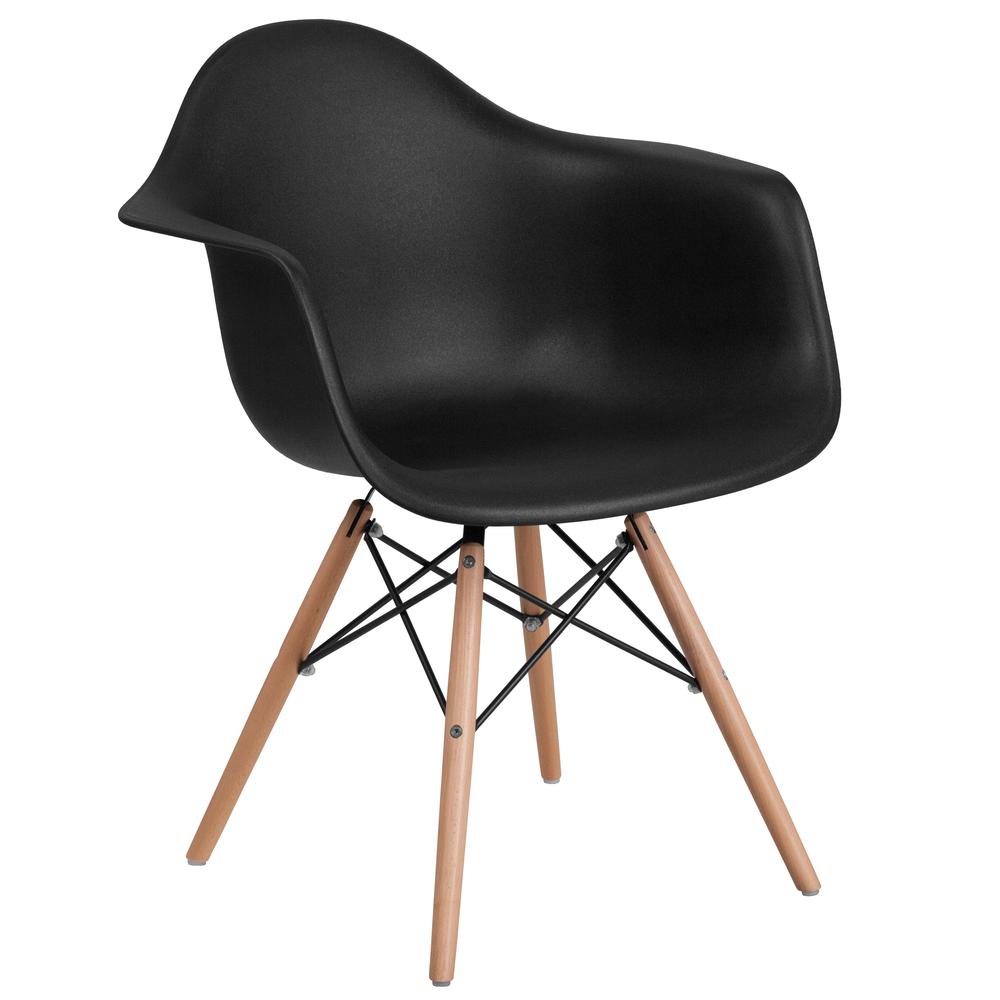 Black Plastic Chair with Arms and Wooden Legs. Picture 1