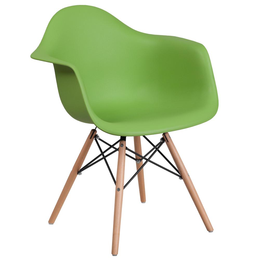 Green Plastic Chair with Arms and Wooden Legs. Picture 1
