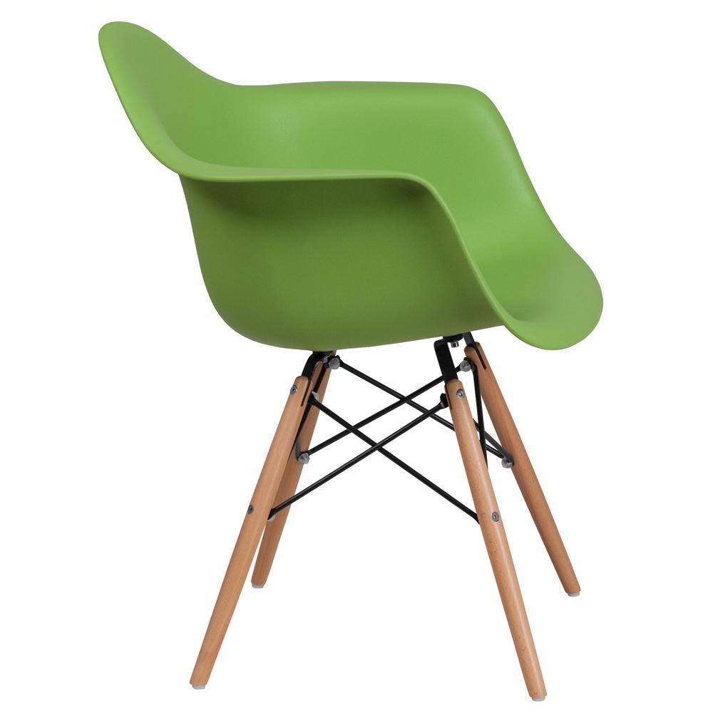 Green Plastic Chair with Arms and Wooden Legs. Picture 2