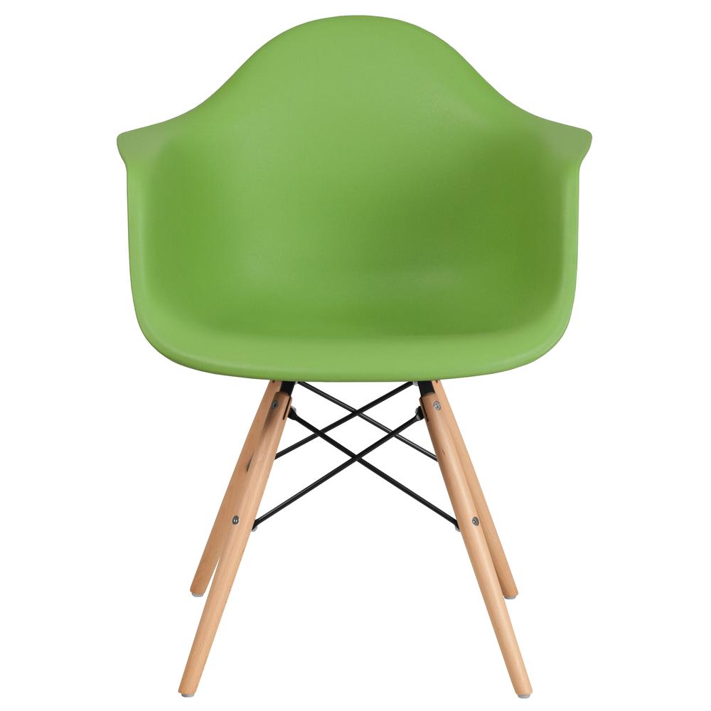 Green Plastic Chair with Arms and Wooden Legs. Picture 4