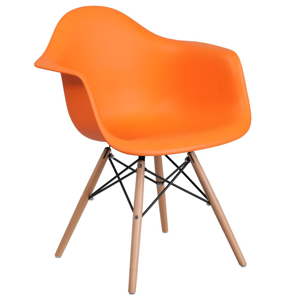 Orange Plastic Chair with Arms and Wooden Legs. Picture 1