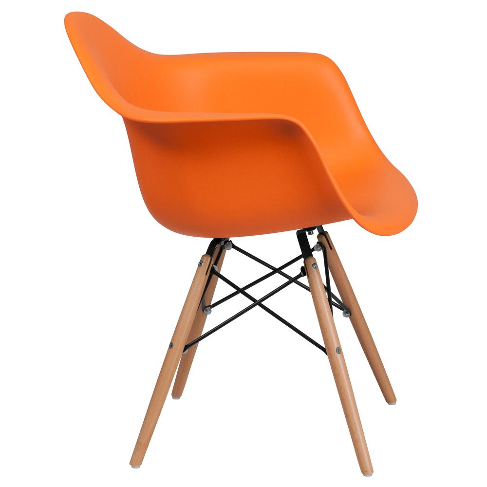 Orange Plastic Chair with Arms and Wooden Legs. Picture 2