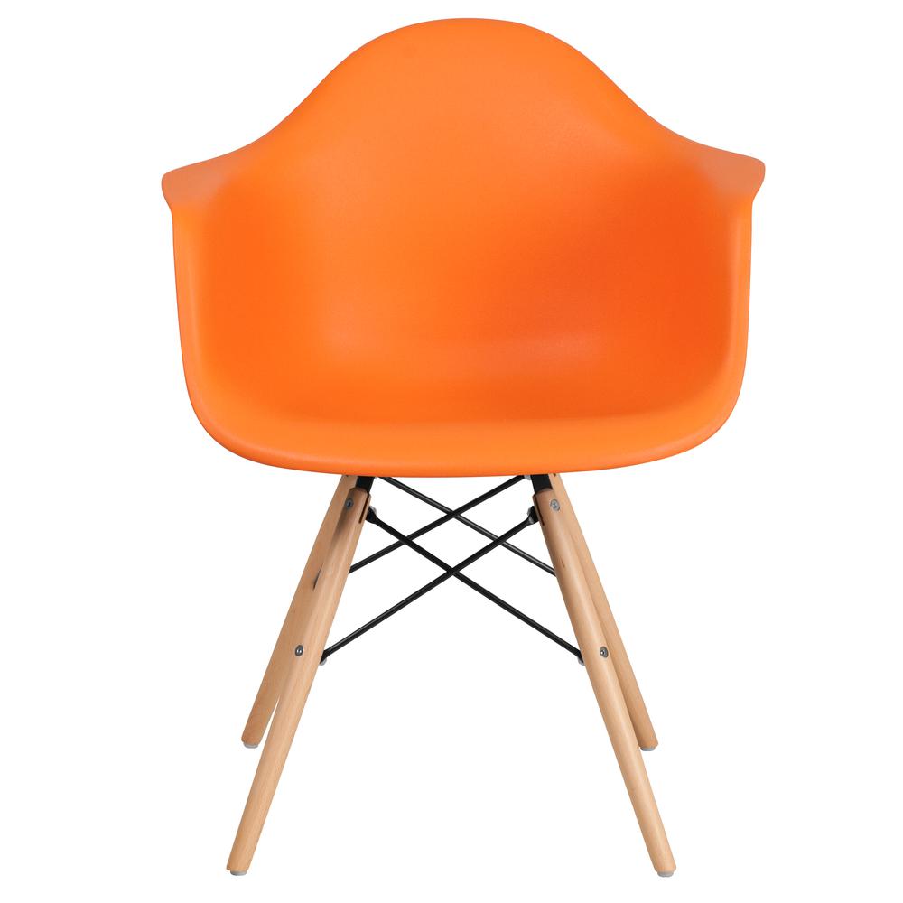 Orange Plastic Chair with Arms and Wooden Legs. Picture 4