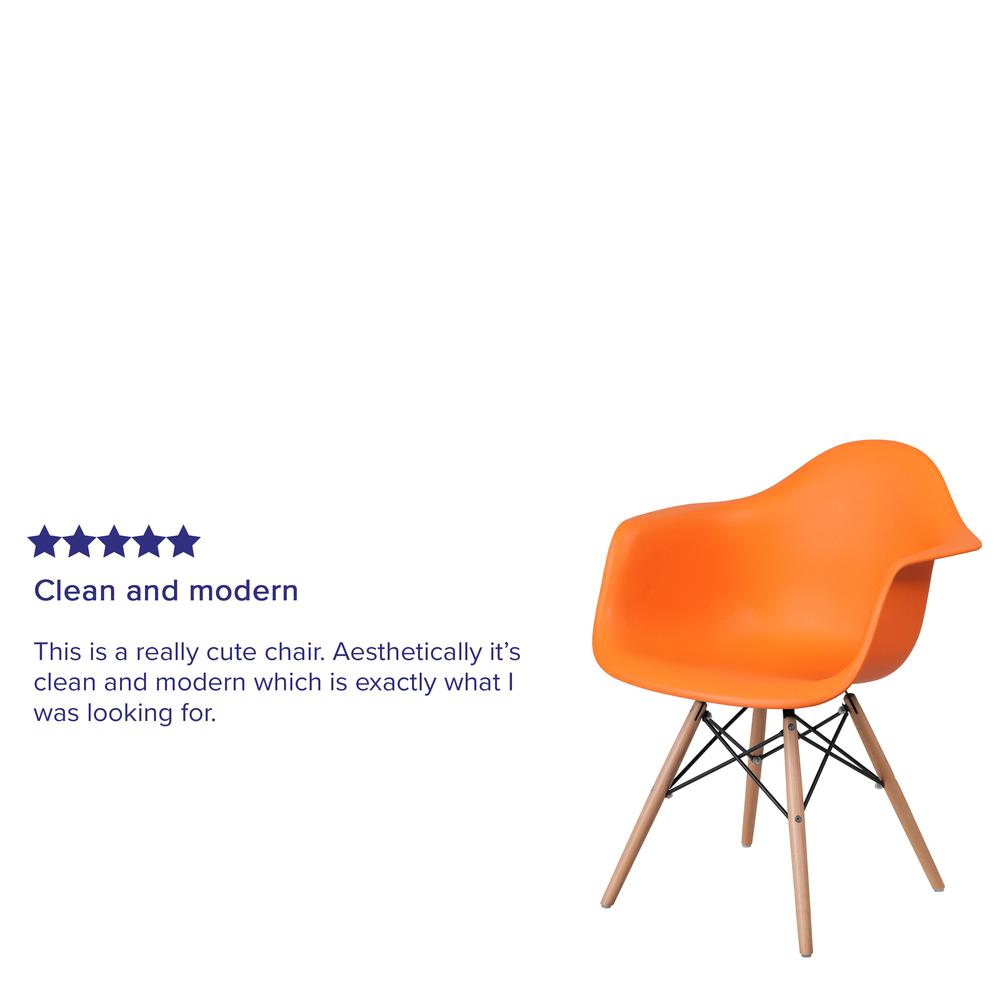 Orange Plastic Chair with Arms and Wooden Legs. Picture 5
