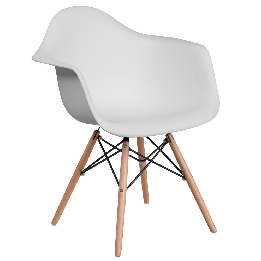 White Plastic Chair with Arms and Wooden Legs. Picture 1