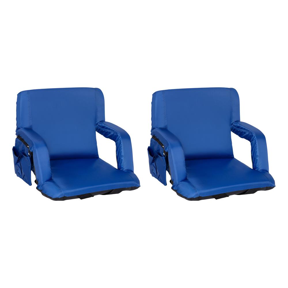 Set of 2 Blue Portable Lightweight Reclining Stadium Chairs with Armrests, Padded Back & Seat - Storage Pockets & Backpack Straps. Picture 3