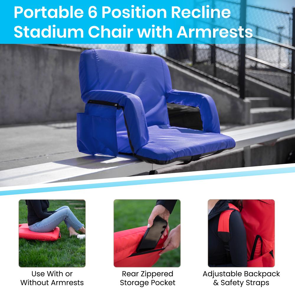 Set of 2 Blue Portable Lightweight Reclining Stadium Chairs with Armrests, Padded Back & Seat - Storage Pockets & Backpack Straps. Picture 5