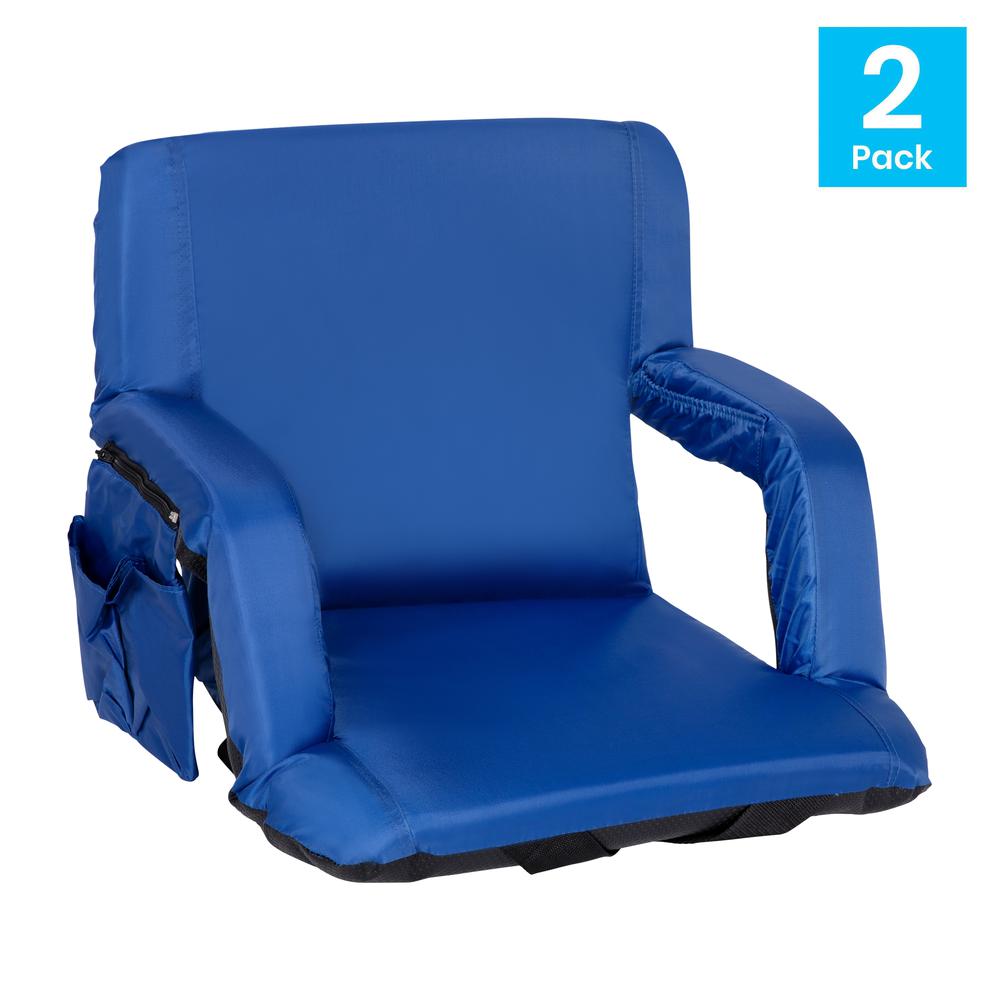 Set of 2 Blue Portable Lightweight Reclining Stadium Chairs with Armrests, Padded Back & Seat - Storage Pockets & Backpack Straps. Picture 2