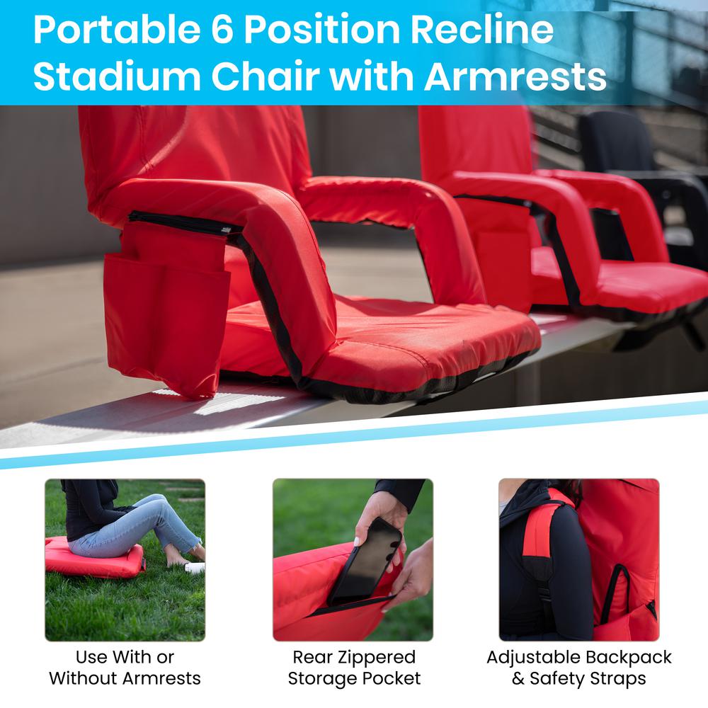 Set of 2 Red Portable Lightweight Reclining Stadium Chairs with Armrests, Padded Back & Seat - Storage Pockets & Backpack Straps. Picture 5