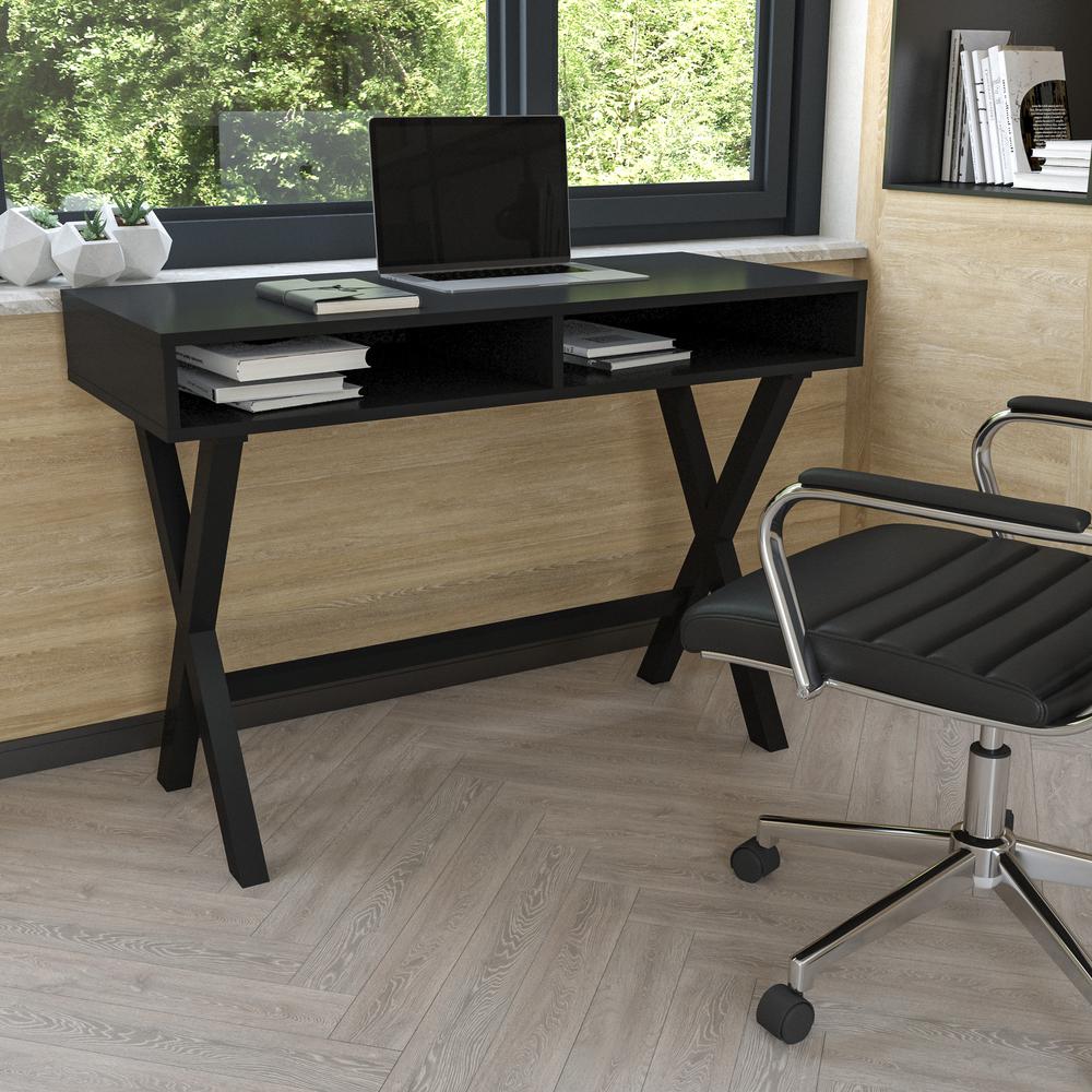 Home Office Writing Computer Desk with Open Storage Compartments - Bedroom Desk for Writing and Work, Black. The main picture.
