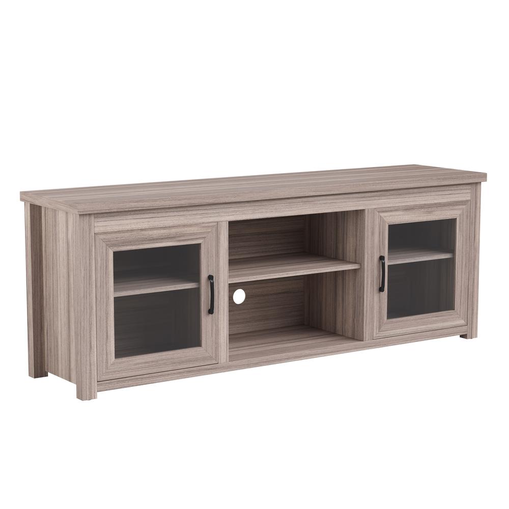 Classic TV Stand up to 80" TVs - Gray Wash Oak Finish with Full Glass Doors. Picture 1