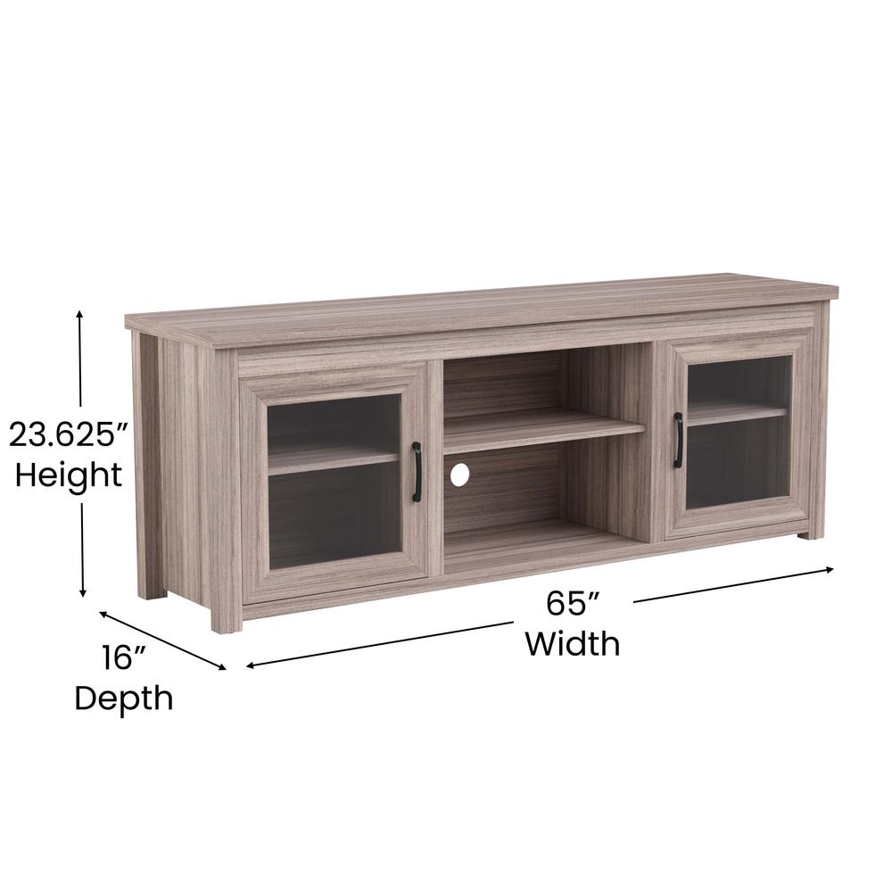Classic TV Stand up to 80" TVs - Gray Wash Oak Finish with Full Glass Doors. Picture 5