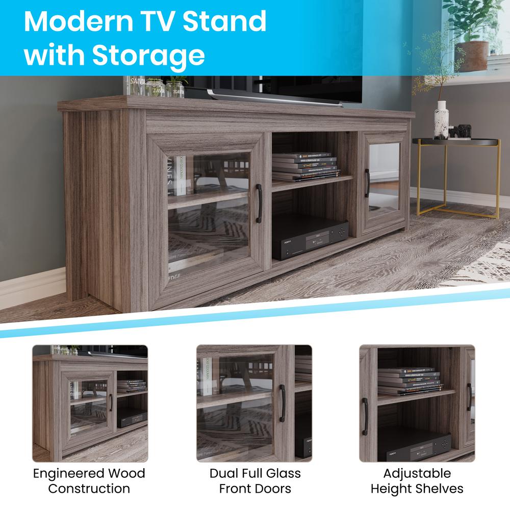 Classic TV Stand up to 80" TVs - Gray Wash Oak Finish with Full Glass Doors. Picture 4
