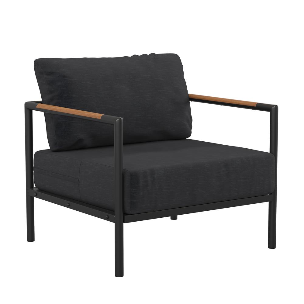 Indoor/Outdoor Patio Chair with Cushions - Modern Aluminum Framed Chair with Teak Accented Arms, Black with Charcoal Cushions. Picture 1