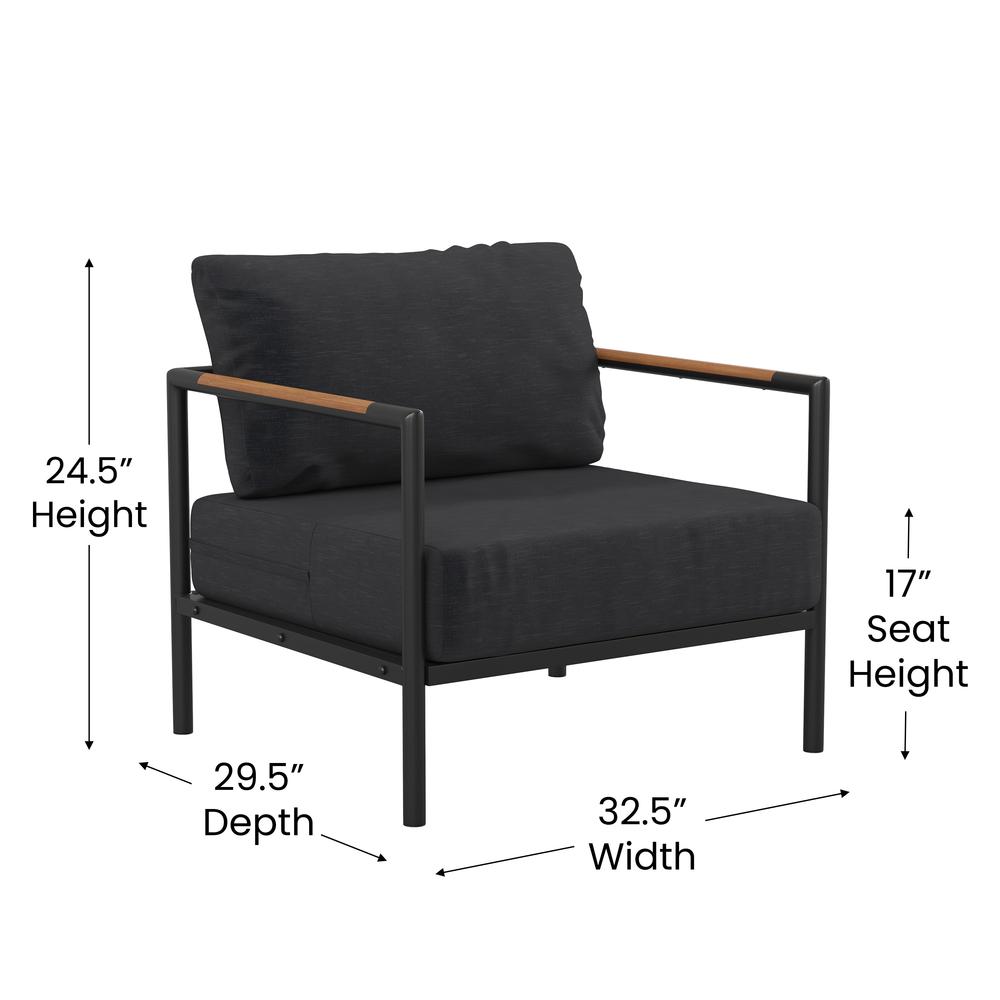 Indoor/Outdoor Patio Chair with Cushions - Modern Aluminum Framed Chair with Teak Accented Arms, Black with Charcoal Cushions. Picture 5