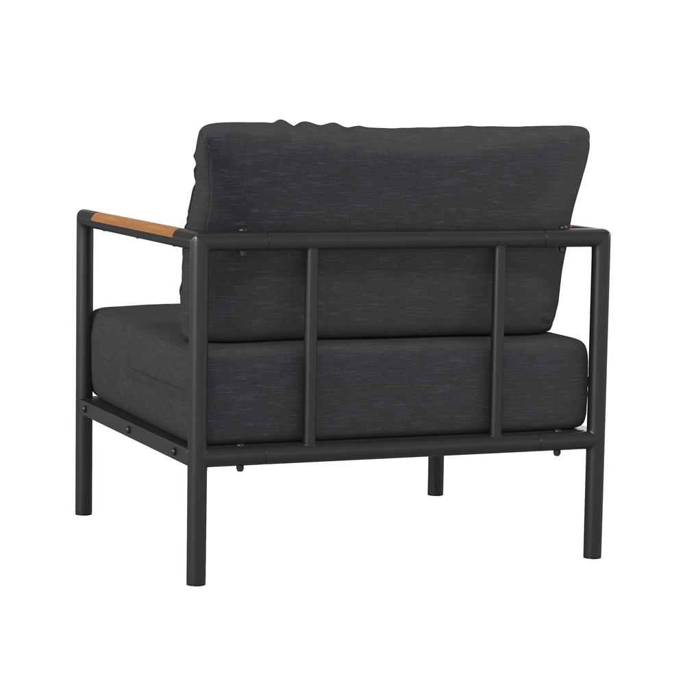 Indoor/Outdoor Patio Chair with Cushions - Modern Aluminum Framed Chair with Teak Accented Arms, Black with Charcoal Cushions. Picture 6