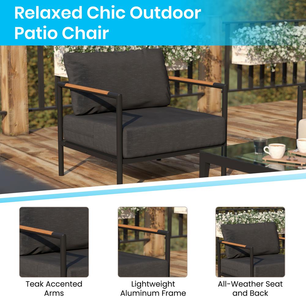 Indoor/Outdoor Patio Chair with Cushions - Modern Aluminum Framed Chair with Teak Accented Arms, Black with Charcoal Cushions. Picture 4