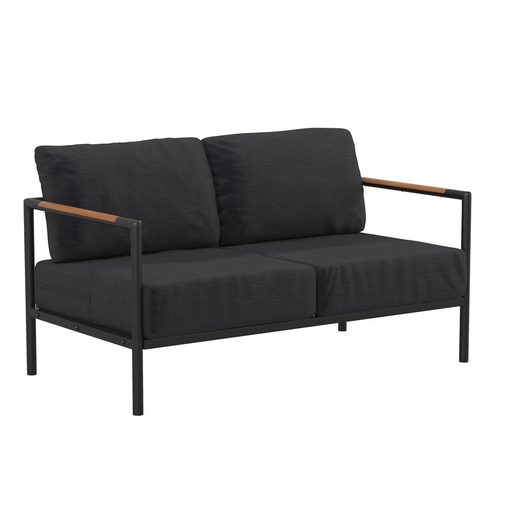 Patio Loveseat with Cushions  with Teak Accent Arms, Black-Charcoal Cushions. Picture 1