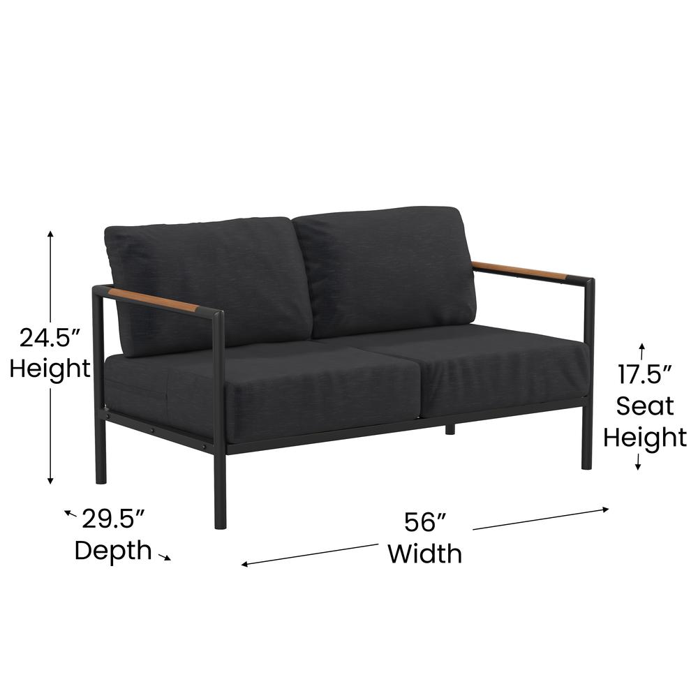 Patio Loveseat with Cushions  with Teak Accent Arms, Black-Charcoal Cushions. Picture 5